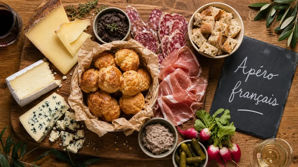 Apéro français : charcuterie, fromages et gougères dorées sur plateau en bois