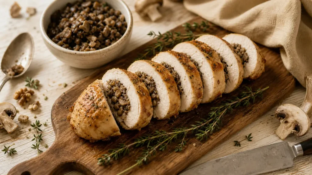 Ballotine de poulet farcie aux champignons et noix, tranchée