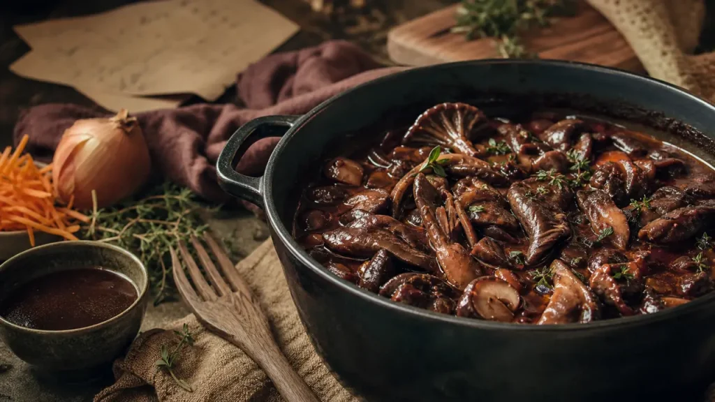 Bourguignon vege aux champignons en cocotte, sauce vin rouge