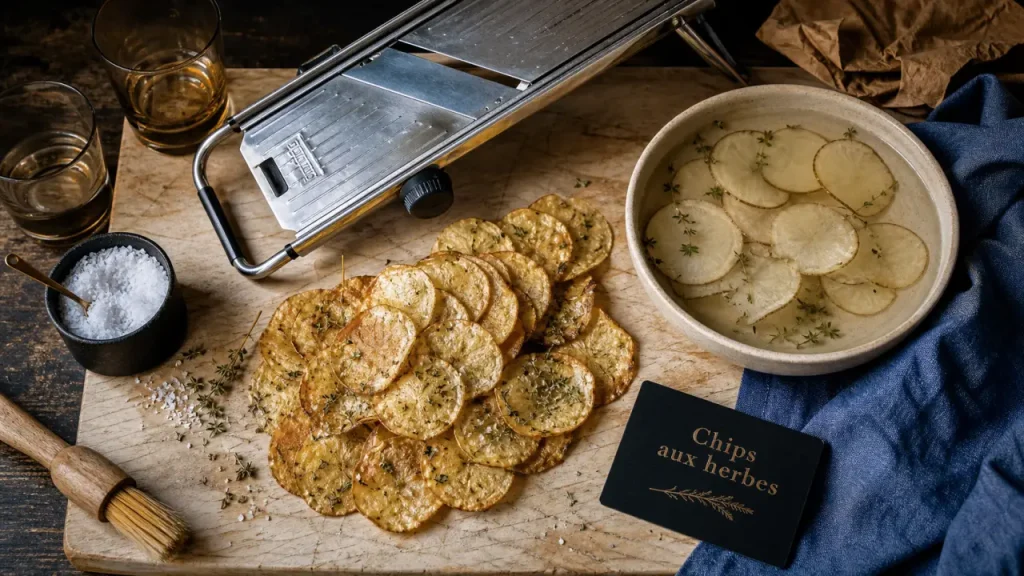 Chips apéro maison ultra croustillantes sur planche en bois