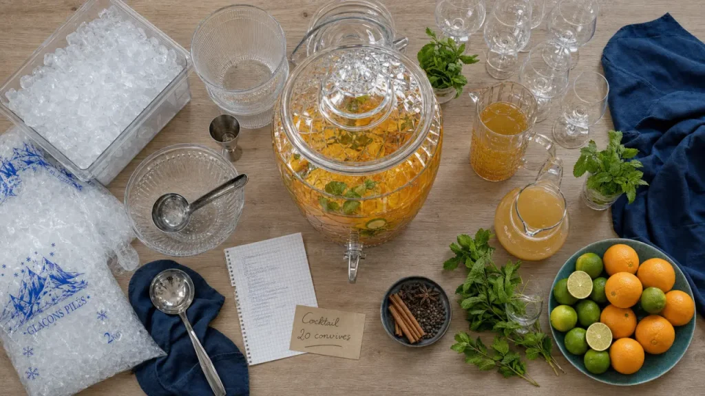 Cocktail pas cher pour 20 personnes : fontaine de punch et ingrédients