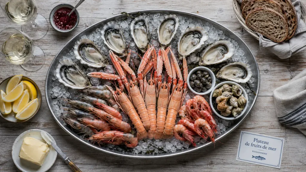 Composition d un plateau de fruit de mer : huîtres, crevettes, langoustines et citron sur glace