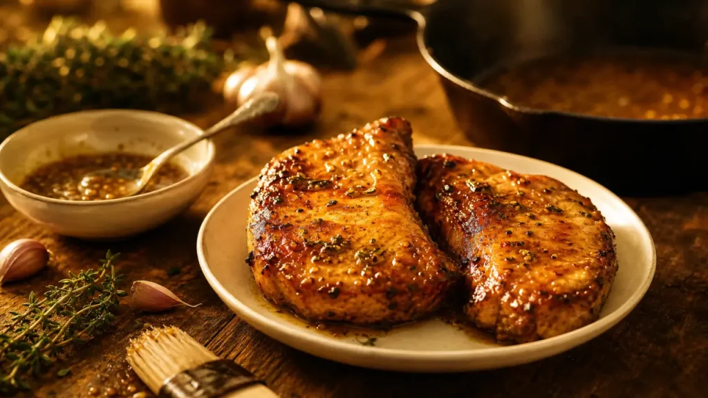 Cote de porc mariné dorée et luisante, miel-moutarde