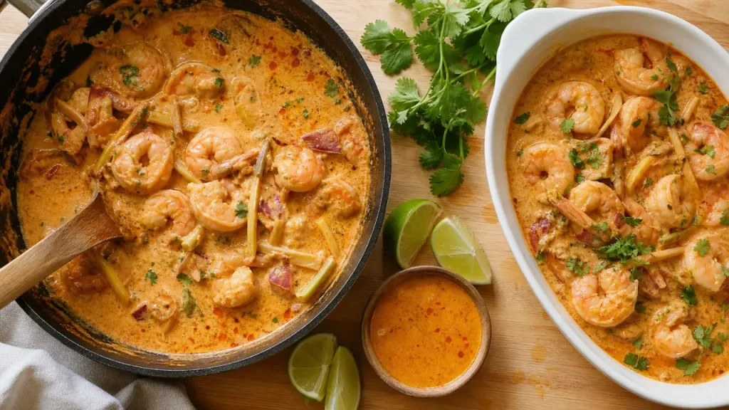 Crevette à la thai sauce curry-coco, lait de coco, gingembre et citron vert