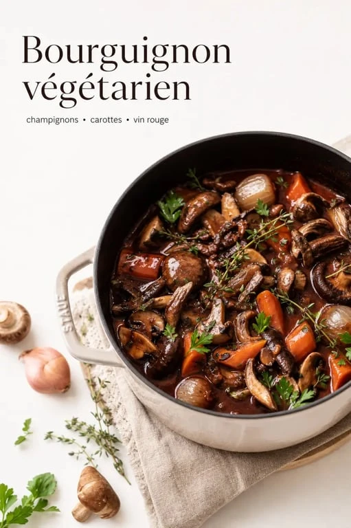 Bourguignon végétarien aux champignons servi dans une cocotte, recette gourmande et réconfortante