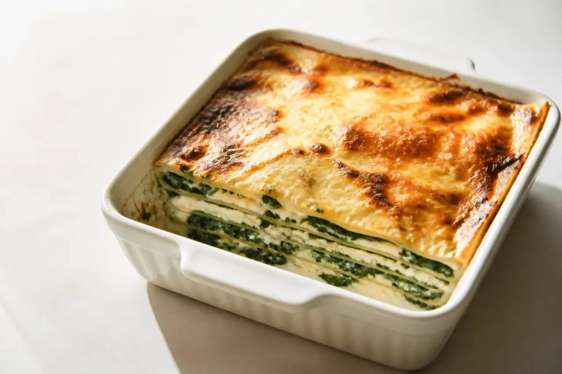 Lasagnes épinards chèvre fondantes et gratinées dans un plat à gratin