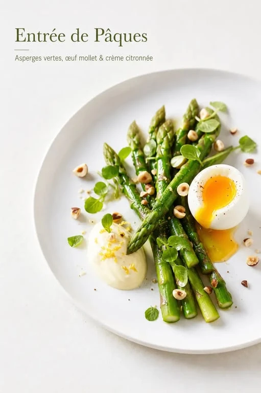Entrée pâques gastronomique avec asperges vertes, œuf mollet et crème citronnée