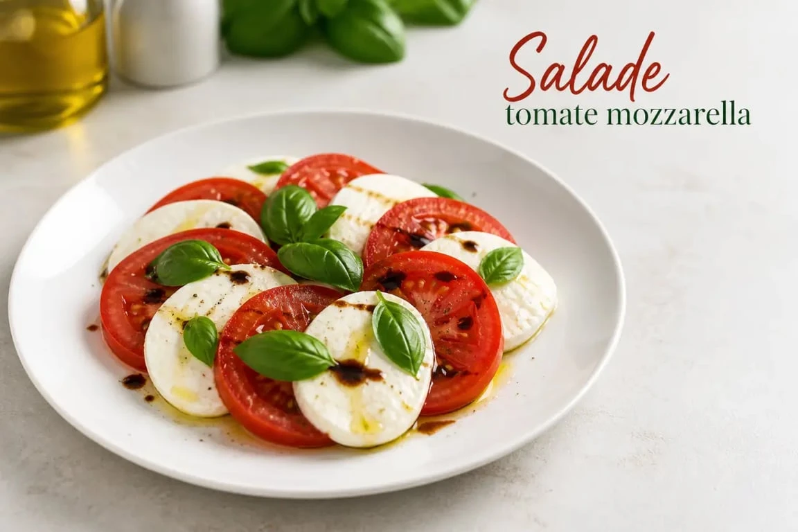 Salade mozzarella tomate dressée avec basilic et huile d’olive