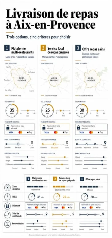 Infographie sur le repas livraison aix en provence avec comparaison des options de commande, délais et paiement