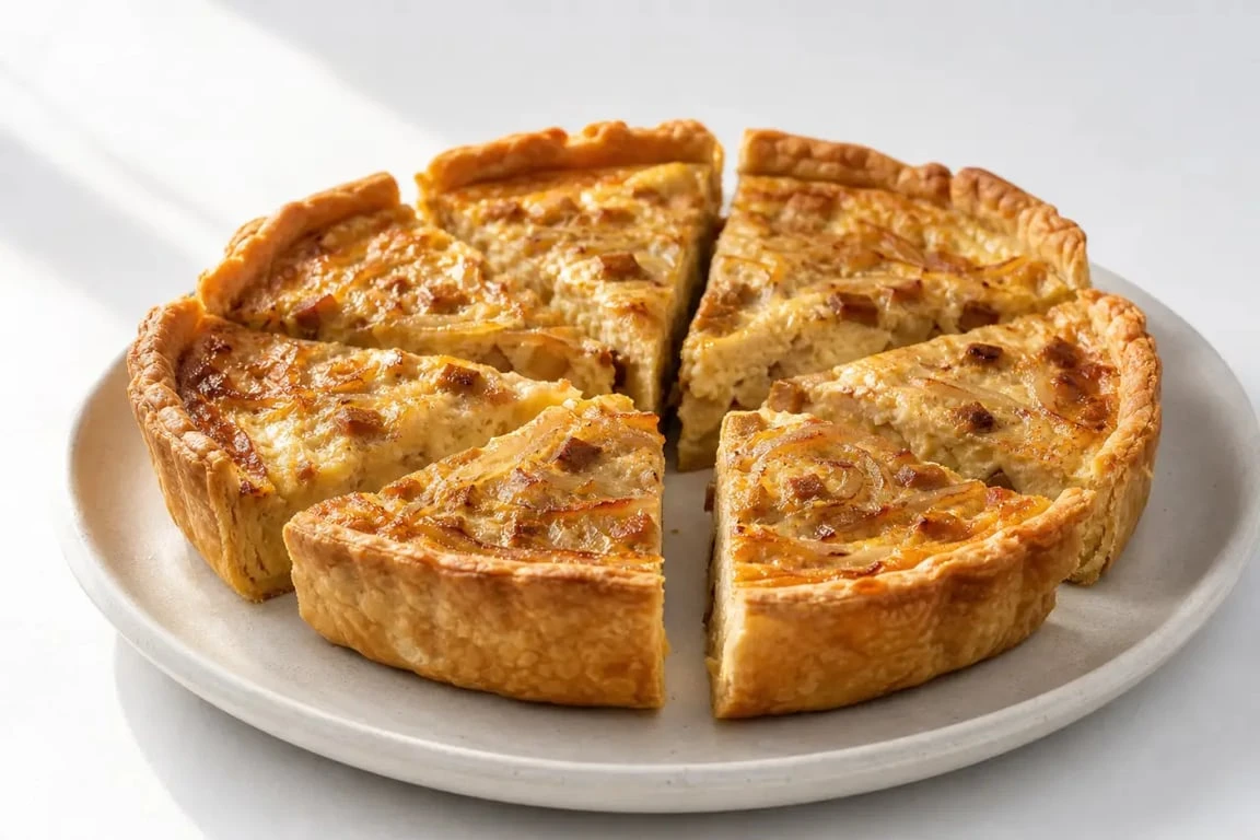 Recette quiche vegan dorée et gourmande, servie en parts sur assiette blanche