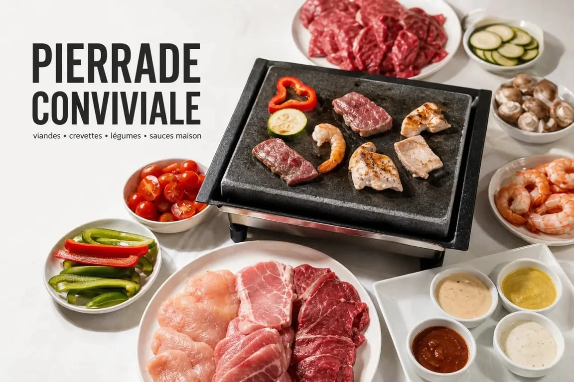 Recette pour pierrade conviviale avec viandes, légumes et sauces maison sur table