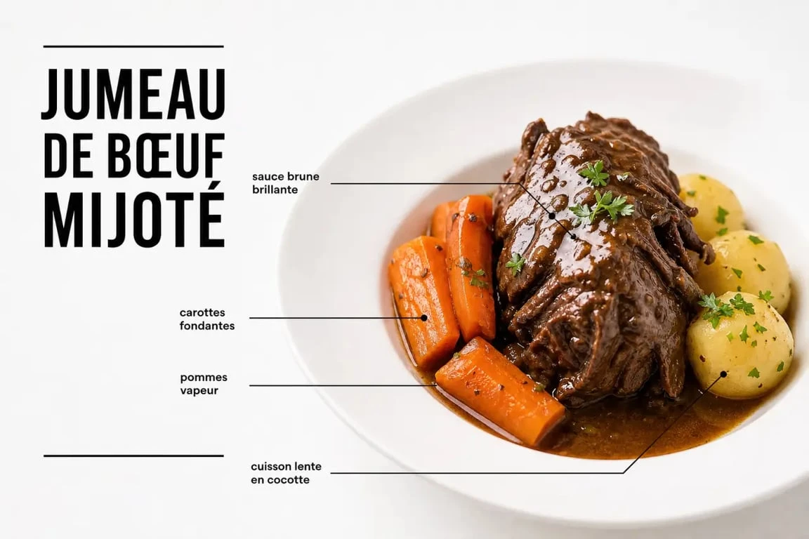 Recette jumeau de boeuf mijoté en cocotte avec carottes et sauce brune
