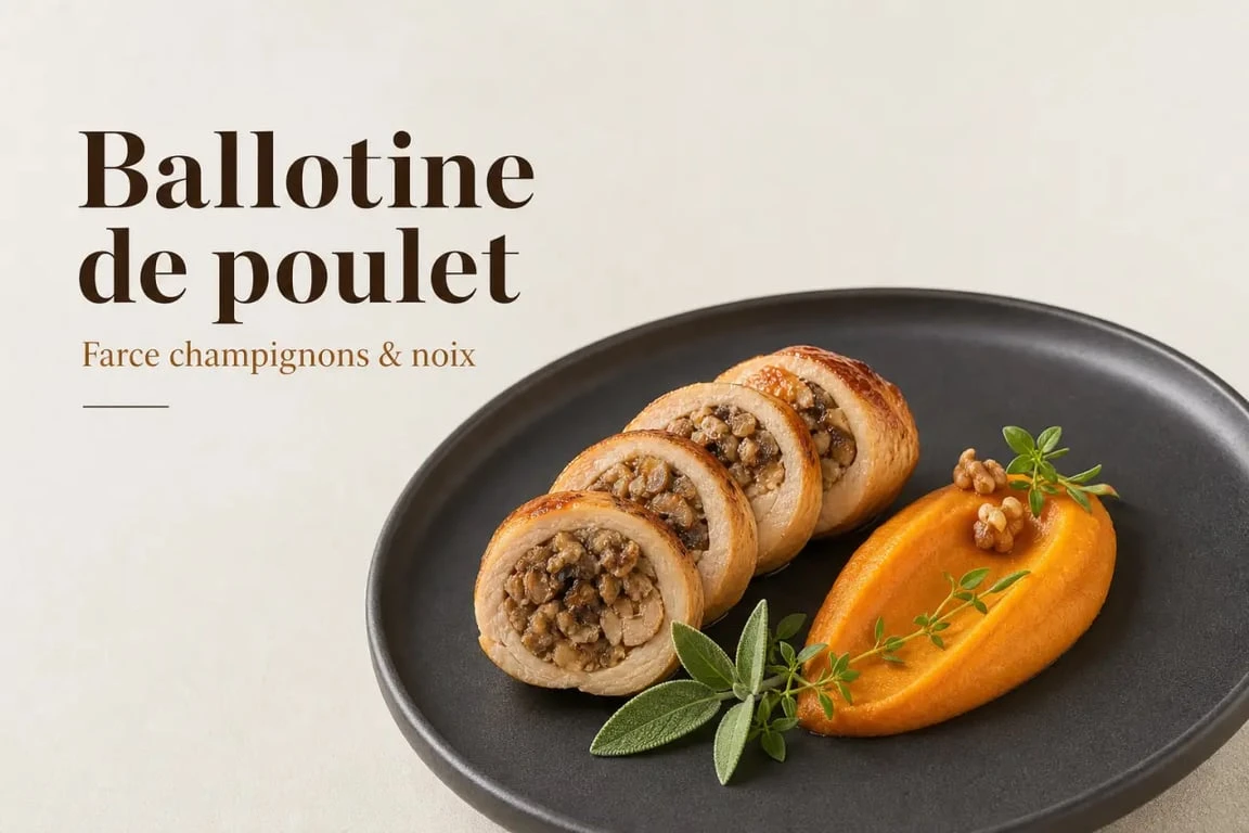 Recette ballotine de poulet farcie servie en tranches avec farce aux champignons et noix