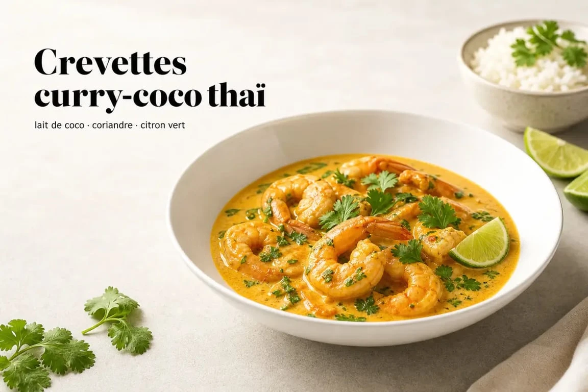 Recette crevette à la thai servie avec sauce curry-coco, coriandre et citron vert