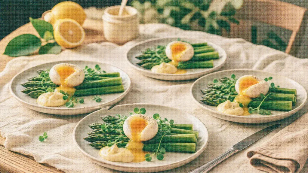 Entrée pâques gastronomique asperges, œuf mollet, crème citronnée
