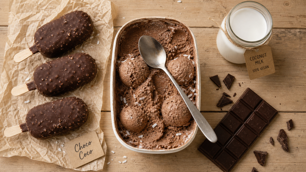 Glace vegan choco-coco : sorbet, bâtonnets et crème végétale