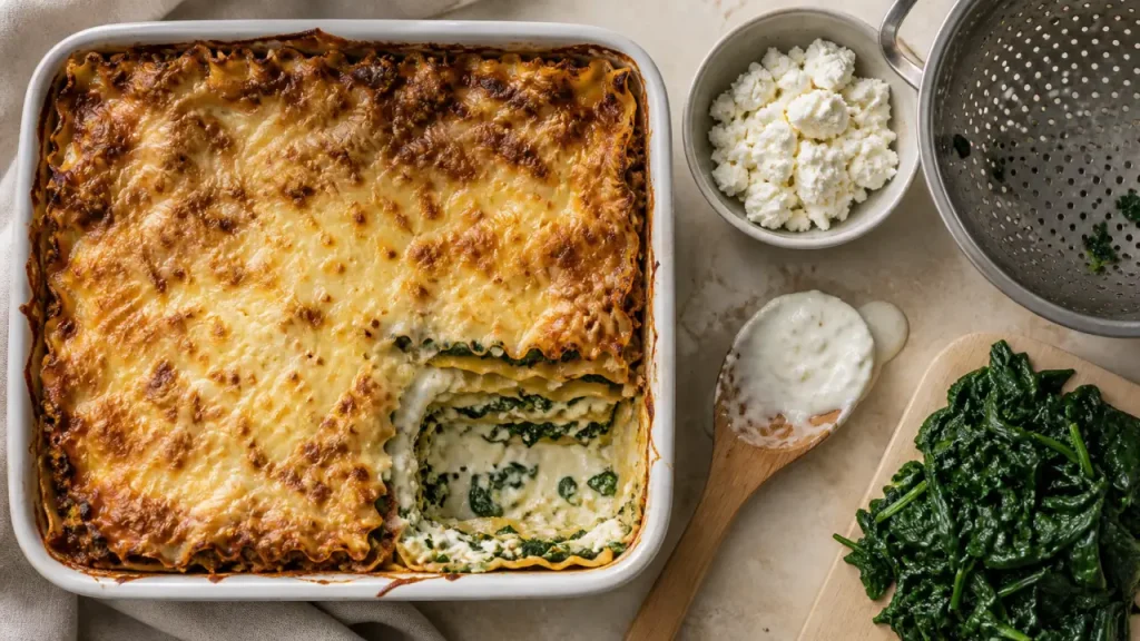 Lasagnes épinards chèvre gratinées au four, béchamel dorée