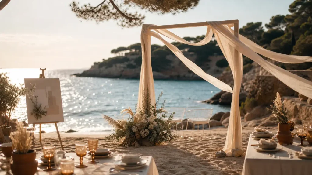 Mariage bord de mer cote d azur : arche en bois clair et rubans au vent sur le sable, Méditerranée en arrière-plan