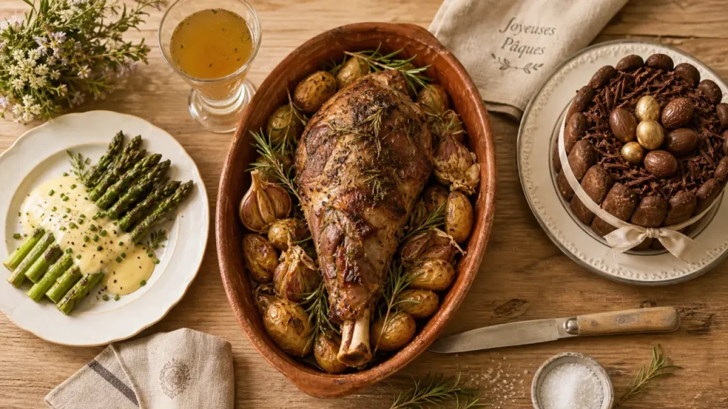 Menu paques 2026 : agneau rôti, asperges et charlotte chocolat