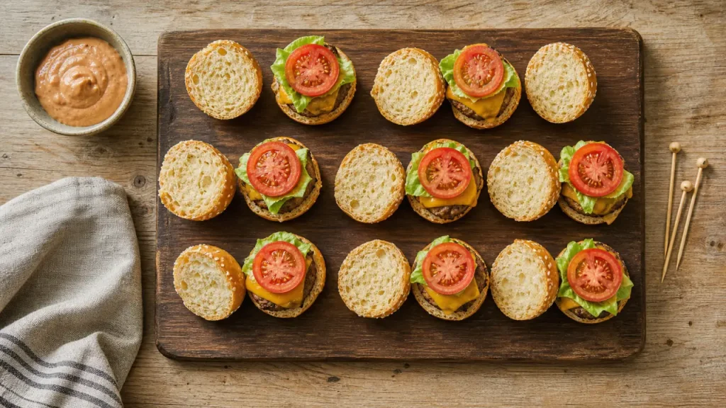 Mini burger apéro moelleux, pains sésame et cheddar sur planche