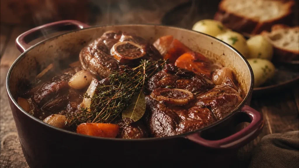 Recette jumeau de boeuf au vin rouge mijoté, viande fondante en cocotte fumante