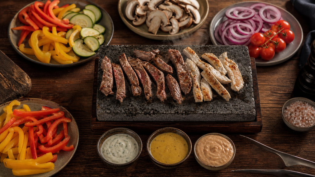 Recette pour pierrade : pierre 3 mm, viandes, légumes et sauces maison