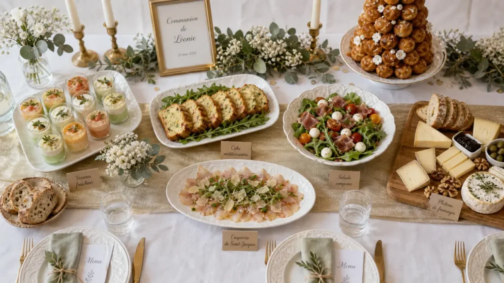 Repas communion : buffet et service à table, table dressée