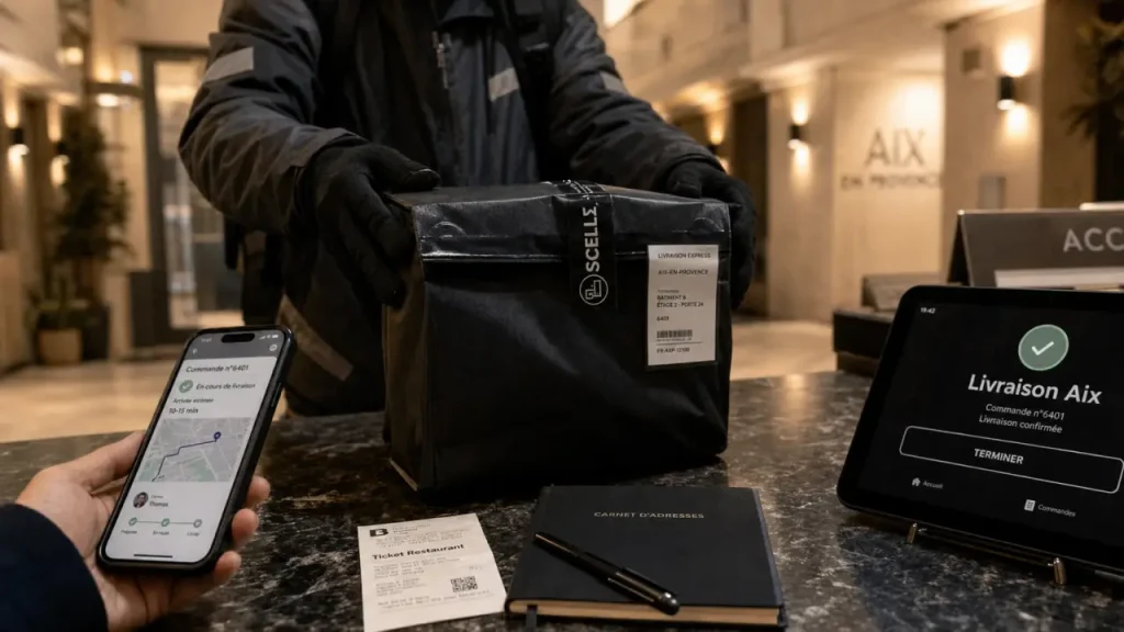 Repas livraison aix en provence : livreur dépose un sac isotherme