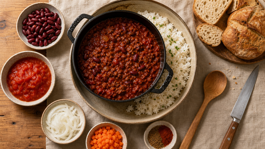 Repas pas cher pour 12 personnes : chili rouge et riz blanc