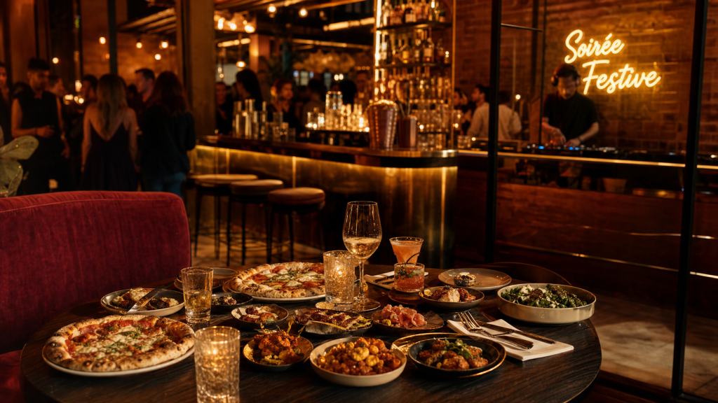 Restaurant festif à Paris : brasserie animée, cocktails et DJ set en intérieur