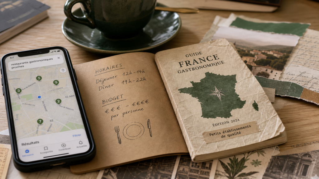 Restaurant gastronomique à proximité : budget et horaires sur téléphone carte GPS
