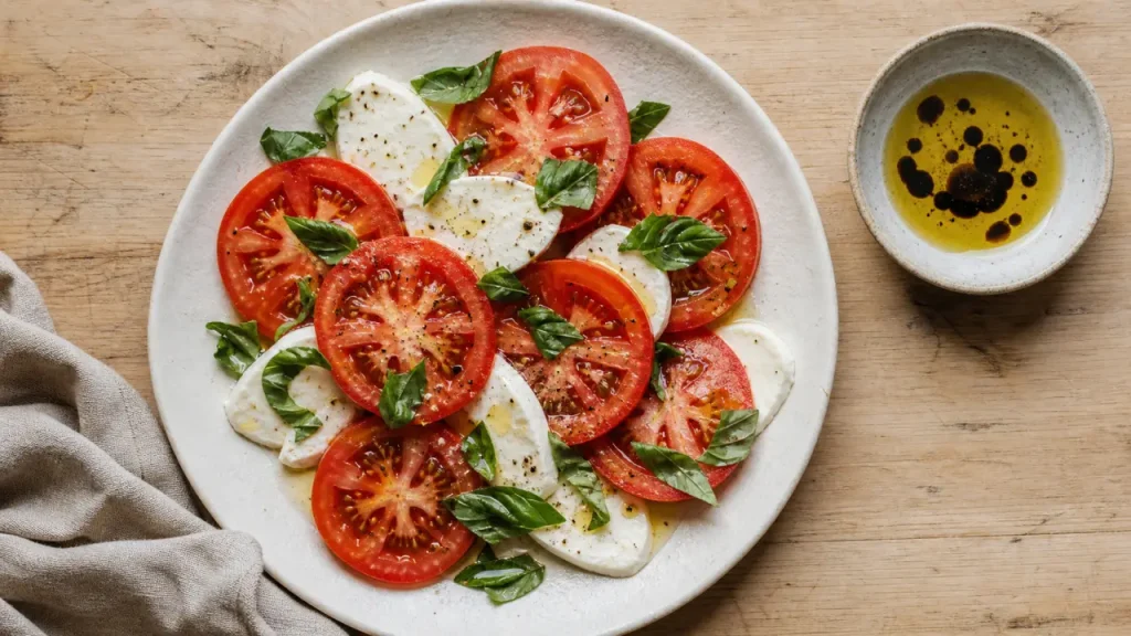 Salade mozzarella tomate au basilic frais, huile d’olive et balsamique