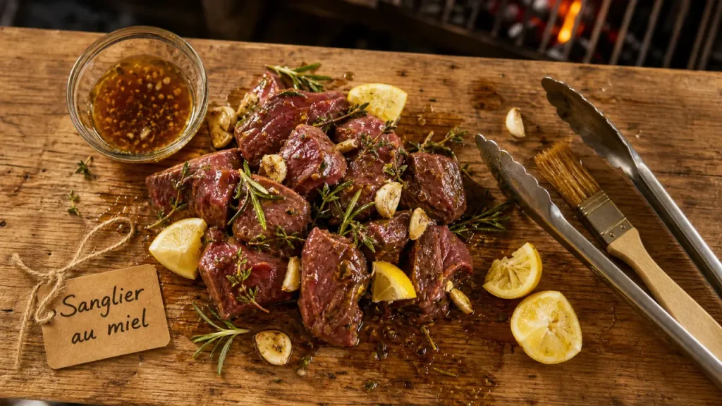 Sanglier marinade barbecue au miel et thym, prêt au grill