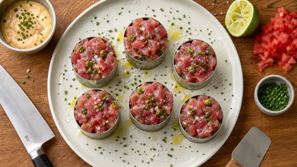 Tartar de thon recette express : portions nettes en cercles inox, ciboulette et câpres