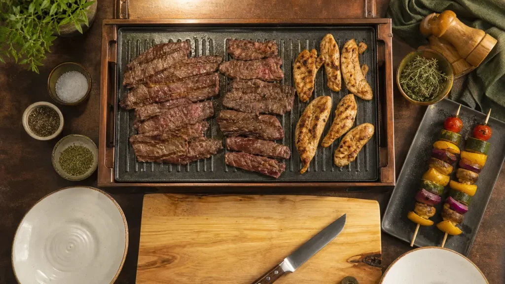 Viandes pour plancha : bavette et volaille fines lamelles sur plancha chauffée