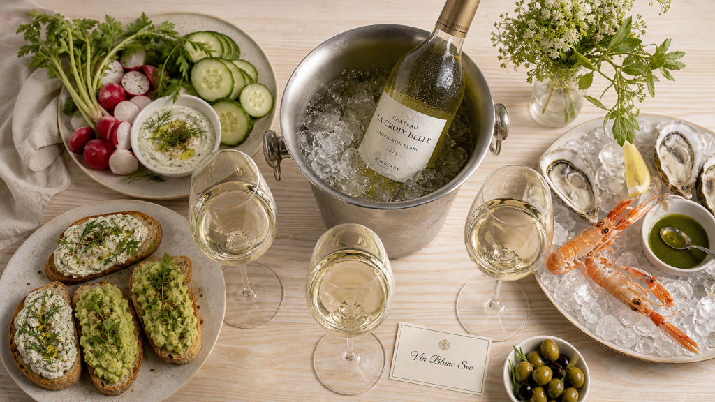 Vin blanc sec apéro : verres et bouteille très fraîche
