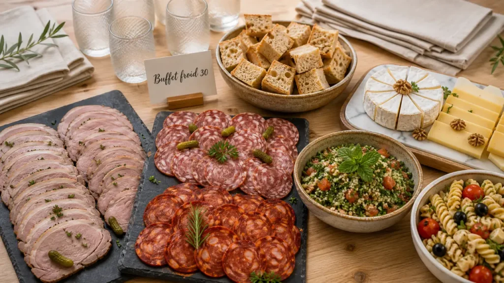 Buffet froid 30 personnes, table avec salades, charcuterie et fromages