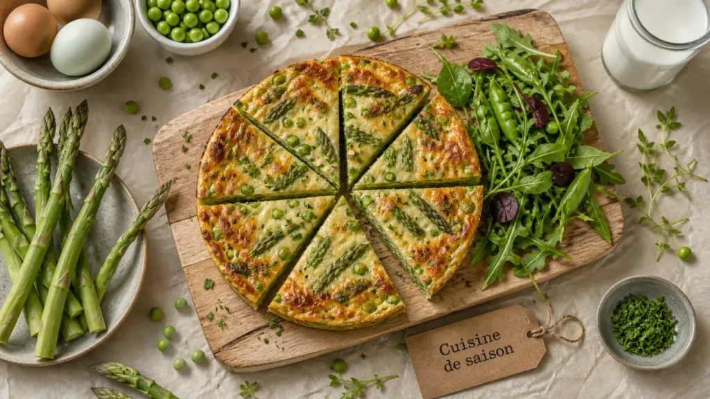 Cuisine de saison : quiche aux asperges et petits pois sur planche bois