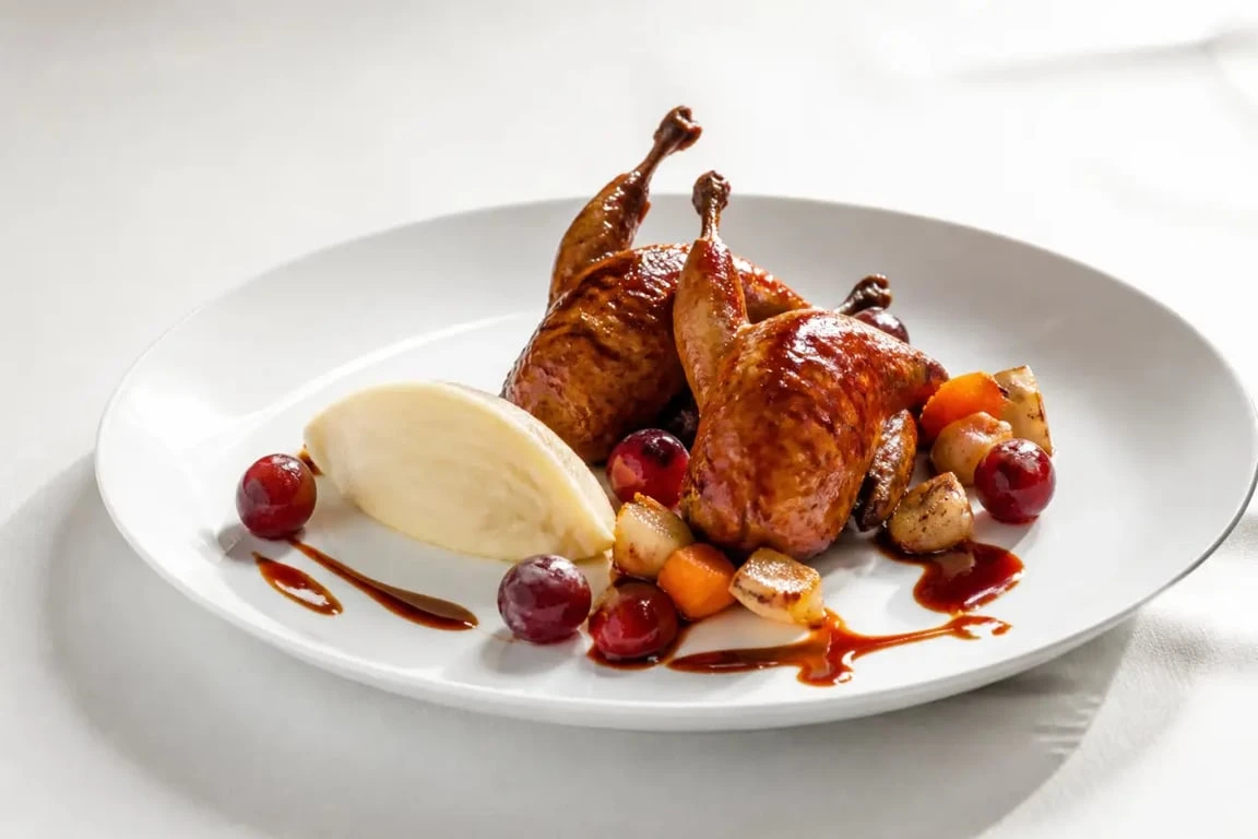 Accompagnement pour caille : cailles rôties aux raisins avec purée de panais et légumes de saison