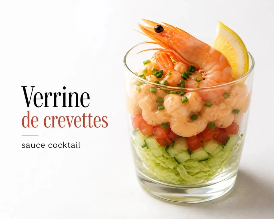 Verrine de crevette sauce cocktail servie en entrée festive avec couches de légumes frais et crevettes roses