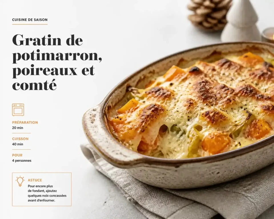 Idée recette décembre : gratin de potimarron, poireaux et comté doré au four