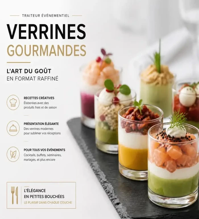 Assortiment de verrines traiteur élégantes pour un cocktail ou une réception