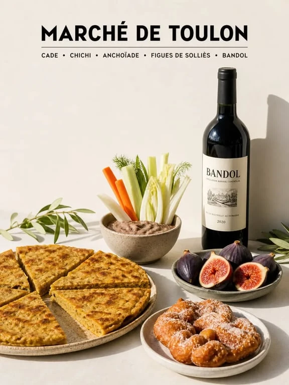 Spécialité toulonnaise : cade, chichi, anchoïade et figues de Solliès sur une table de marché
