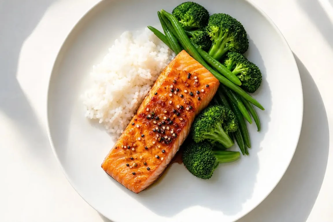 Saumon marinade soja-miel servi avec riz et légumes, photo culinaire appétissante