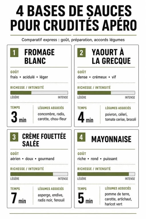 Comparatif des sauces pour crudités apéro selon la base, le goût et les crudités associées