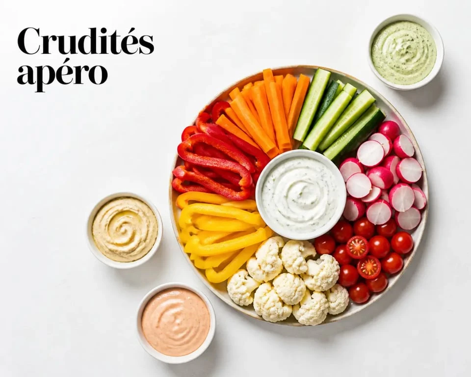 Sauces pour crudités apéro servies avec un plateau de légumes crus variés
