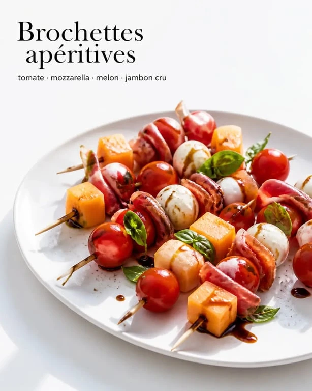 Brochette pour apéritif fraîche et colorée sur assiette blanche