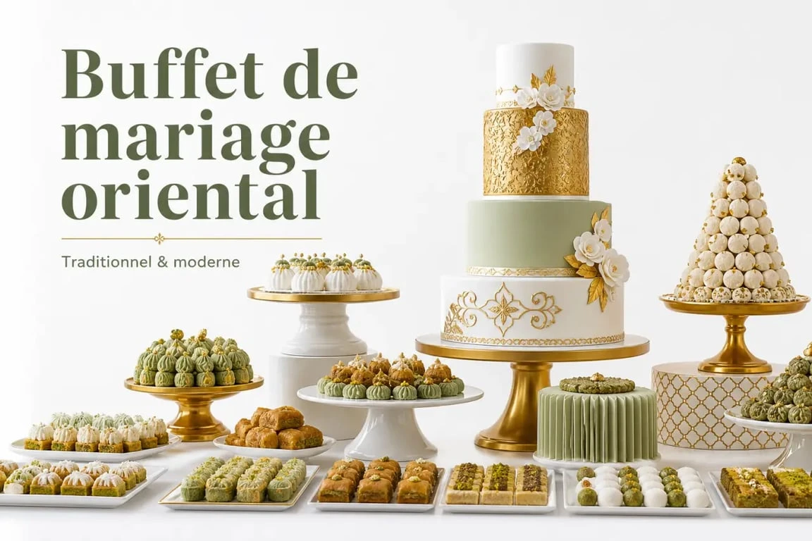 Gâteau pour mariage orientale disposé sur un buffet de mariage raffiné avec assortiment varié