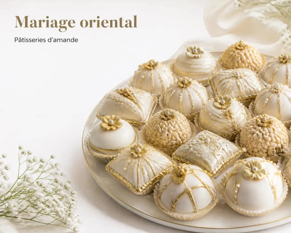 Gâteau pour mariage orientale présenté sur un plateau élégant avec pâtisseries aux amandes et finitions dorées