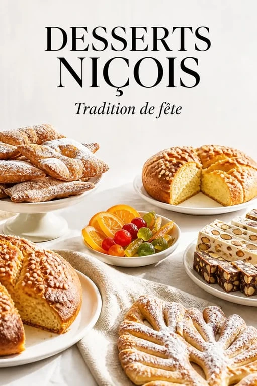 Dessert niçois : assortiment traditionnel de ganses, fougassette et fruits confits sur table de fête